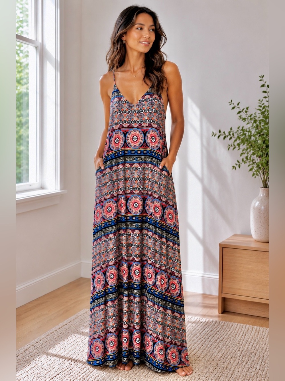 Boho Print Maxi Dress in Coral & Navy with pockets